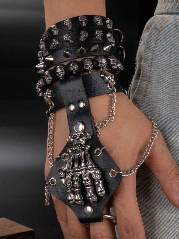 Set de 4 pulseras de estilo punk con calaveras en PU redondo vintage