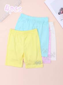 Set de 4 piezas Bermudas de unicolor hasta la rodilla para niños pequeños, leggings ligeros con decoración de rhinestones, versátiles para interior/exterior, aptos para todas las estaciones