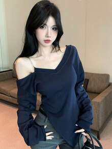 女款不对称开衩不对称肩长袖T恤，秋冬款，纯色，露肩汗衫 - 藏青色 - 查看 1