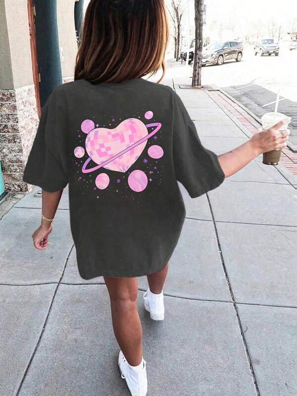 T-shirt à col ras du cou imprimé gris foncé casual pour filles et adolescentes, Top d'été