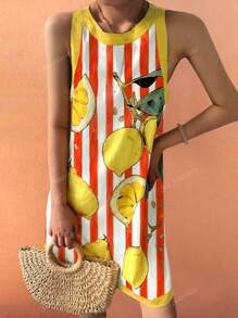 Vestido sin mangas con estampado de hojas de limón en conflicto, estilo boho, casual, de verano, para vacaciones, cómodo, para mujer, para salir a brunch