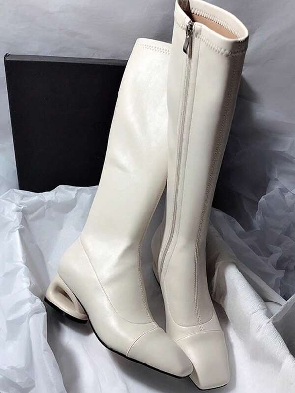 Women's Fashion Boots, Black Skinny High Boots 2025 Autumn/Winter New Arrival Women's Shoes, Square Toe Side Zipper Asymmetrical Heel Over-The-Knee Boots, White Boots