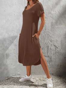 Women's Solid Color Pocket Split Hem Casual T-Shirt Dress For Date Night - Coffee Brown - View 4