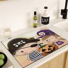 1 pieza Alfombrilla de secado para la cocina con diseño de bruja, pirata y calabaza de Halloween, súper absorbente, con respaldo de goma, multifuncional para el hogar, cafetería y máquina de café