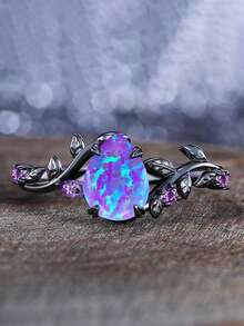Bộ 2 chiếc, Nhẫn Opal tổng hợp cắt hình quả lê tím cổ điển và thiết kế hình lá màu đen, Thích hợp cho lễ hội, tiệc tùng, đeo hàng ngày, mọi mùa - Màu tím - Xem 2