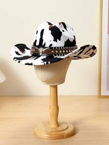 1pc Unisex Polyester Cow Print Cowboy Hat - Leather Rivet & Cow Skull Accent, Ideal For Riding, Outdoor Trips, Cowboy Parties & Daily Wear - Multicolor - View 5