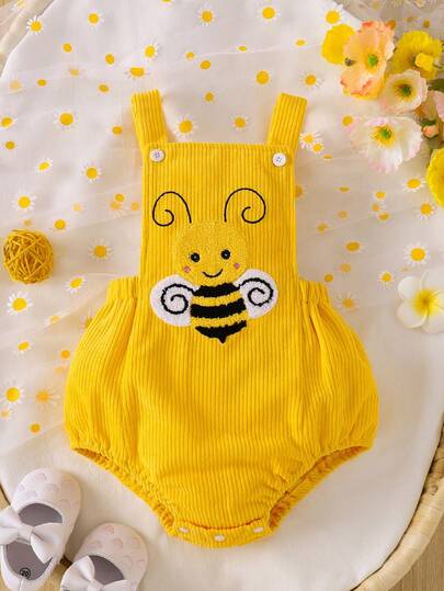 Baby Mädchen Lässiger süßer Bienen-Stickerei Bodysuit mit quadratischem Kragen, geeignet für Frühling, Sommer, Herbst
