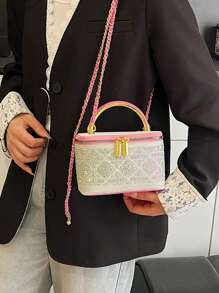 1pc Black Casual Versatile Handheld Mini Square Bag, Fashionable Embroidered Checkered Fabric, Suitable For Storing Phone, Lipstick, Coins At Work