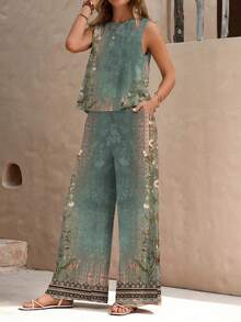 طقم ملابس علوية وبنطلون مطبوع بياقة مستديرة وخصر مطاطي مقاس كبير للنساء