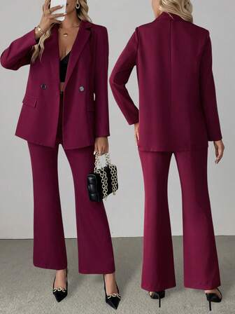 2 件套优雅酒红色女士套装，含双排扣西装外套和喇叭裤，秋季