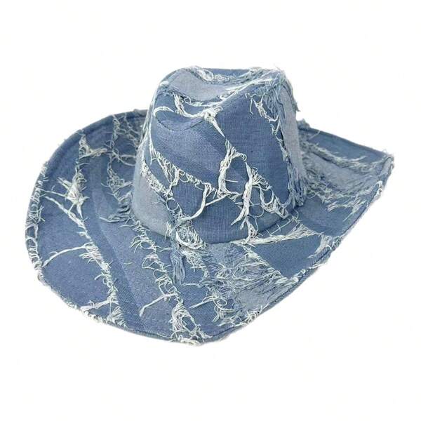 Denim Distressed Cowgirl Hat For Women Men Retro Wide Brim Ripped Jean Western Cap For Carnival, Party