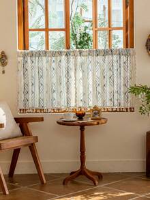 1 件奢华欧式简约薄纱短窗帘，三色几何线条和叶子图案田园设计，适用于厨房、餐厅、客厅、卧室、办公室和洗衣房装饰