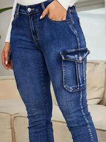 Women's Large-Sized Blue Distressed Work Pants, Denim Pants, Ankle-Length Pants, Side Flap Pockets, Multiple Pockets, High-Waist, High Elasticity, Street Casual, Comfortable, Fashionable, All-Season Large-Sized Denim Pants - 藏青色 - 查看 5