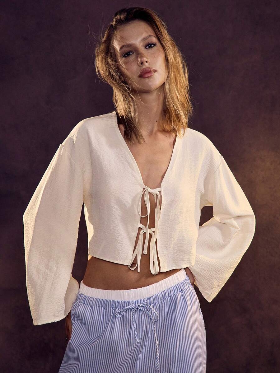 Glamine 女士纯色简约休闲前系带长袖衬衫，秋装女式衬衫 - 卡其色 - 查看 1