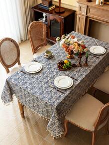 1 szt. Vintage Elegancki Niebieski I Biały Porcelanowy Drukowany Obrus Z Frędzlami, Prostokątny Wzór Kwiatowy Na Stolik Kawowy, Pokrowiec Na Szafkę Nocną, Wystrój Domu, Nadaje Się Do Jadalni, Imprezy, Święta Dziękczynienia, Uroczystości, Na Zewnątrz, Ogród, Kemping Jesienią