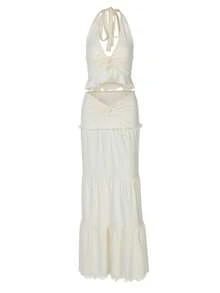 Women Casual Ruched Ruffled Slim Halter Crop Top&Skirt Spring Summer Party Vacation Night Out 2 Pieces Sets - Apricot - View 4