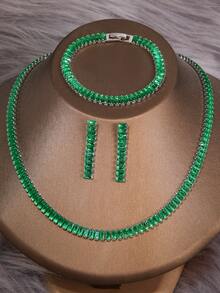3pcs/Set Cubic Zirconia Rectangular Necklace, Bracelet & Earring Jewelry Set, Suitable For Women's Wedding & Party - Green - View 1