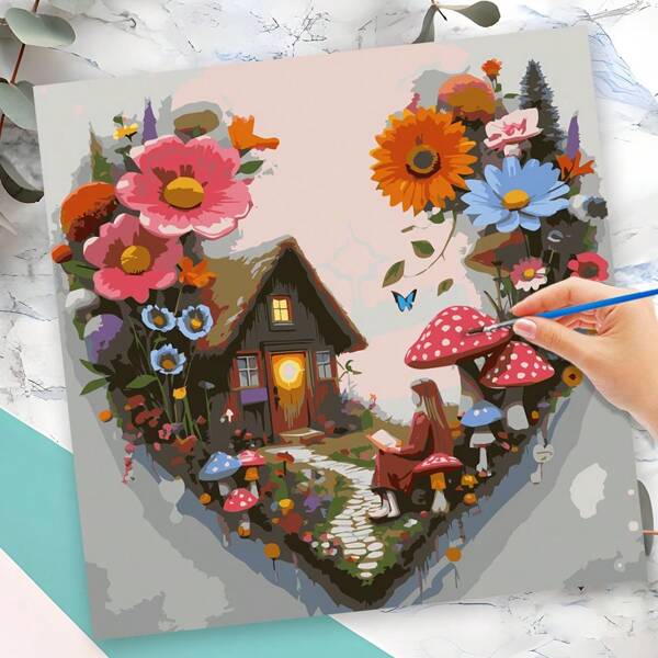 Pintura por números de paisaje pacífico con un fantástico cottage en forma de corazón, flores en flor y setas grandes sobre lienzo. Pintura digital de óleo DIY para decoración del hogar