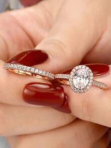 2 件套华丽方晶锆石戒指，适合女士婚礼订婚派对珠宝情人节礼物 - 1# - 查看 7