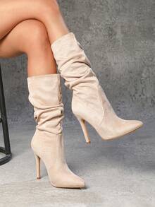 مجموعة فستان نسائي أنيق كاجوال مع بوت بكعب متوسط وأصبع قدم مدبب