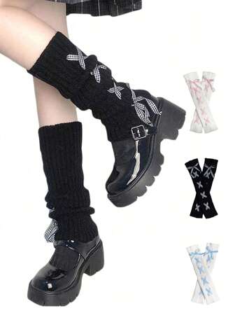 1双女士时尚JK洛丽塔风格腿套，可爱蝴蝶结腿套，柔软保暖，冬季角色扮演无脚长靴腿套，舒适保暖