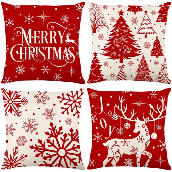 4pcs Christmas Pillow Covers, Classic Red & White Reindeer & Christmas Tree Design