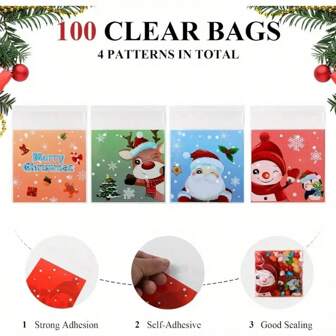 100pcs Christmas Transparent Self-Sealing Bags, Santa Claus & Snowflake Design Plastic Packaging Bags, Suitable For Holiday Candy, Snacks & Gift Packaging, Reusable Material, Holiday Theme