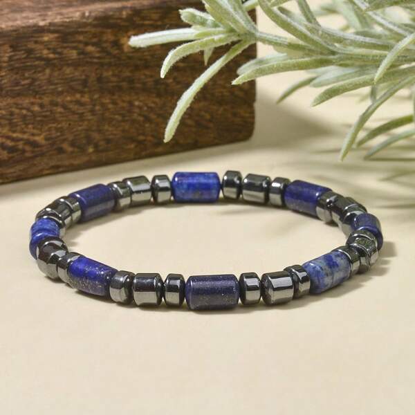 1 pieza Brazalete ajustable de hombre casual con cuentas de ojo de tigre y lapislázuli natural, brazalete de energía curativa adecuado para uso diario