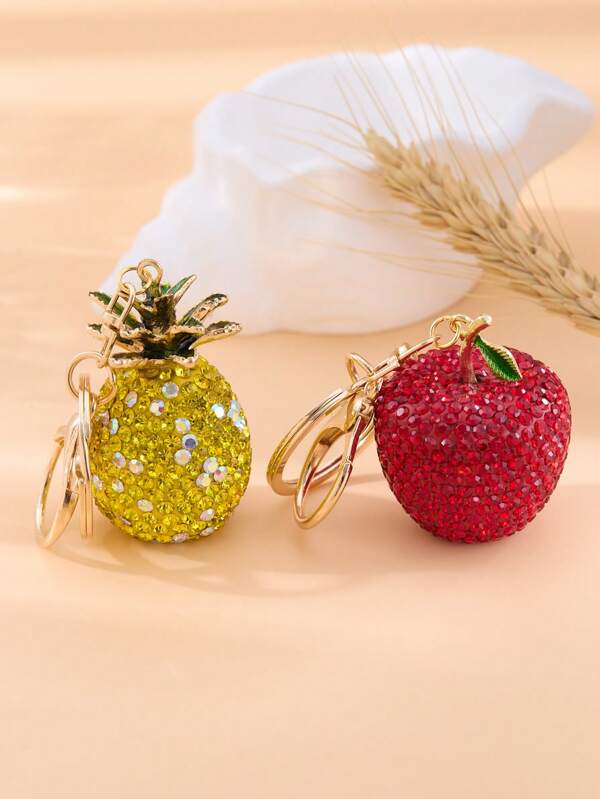 Schlüsselanhänger mit vollen Strass-Früchten, super glänzende Ananas- & Apfel-Schlüsselanhänger, süß und charmant, geeignet für Schlüsselhalter und Taschenanhänger, Schul-Frucht-Halloween-Accessoires, Lehrer-Tag-Taschenbänder mit ID-Halter, Kfz-Zubehör, Weihnachtsgeschenk