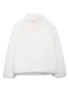 HH 女式冬季优雅纯色仿皮草效果长袖开衫外套女式休闲高街口袋外套 - 白色 - 查看 3