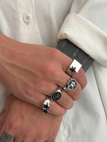 4pcs/Set Punk Hip Hop Star Ring Set For Men, Daily Wear, Party, Music Festival