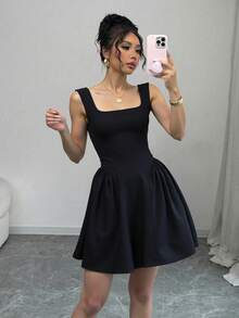 Vestidos para mujer, con cuello cuadrado, sin mangas, liso, elegante, plisado - Negro - Ver 2