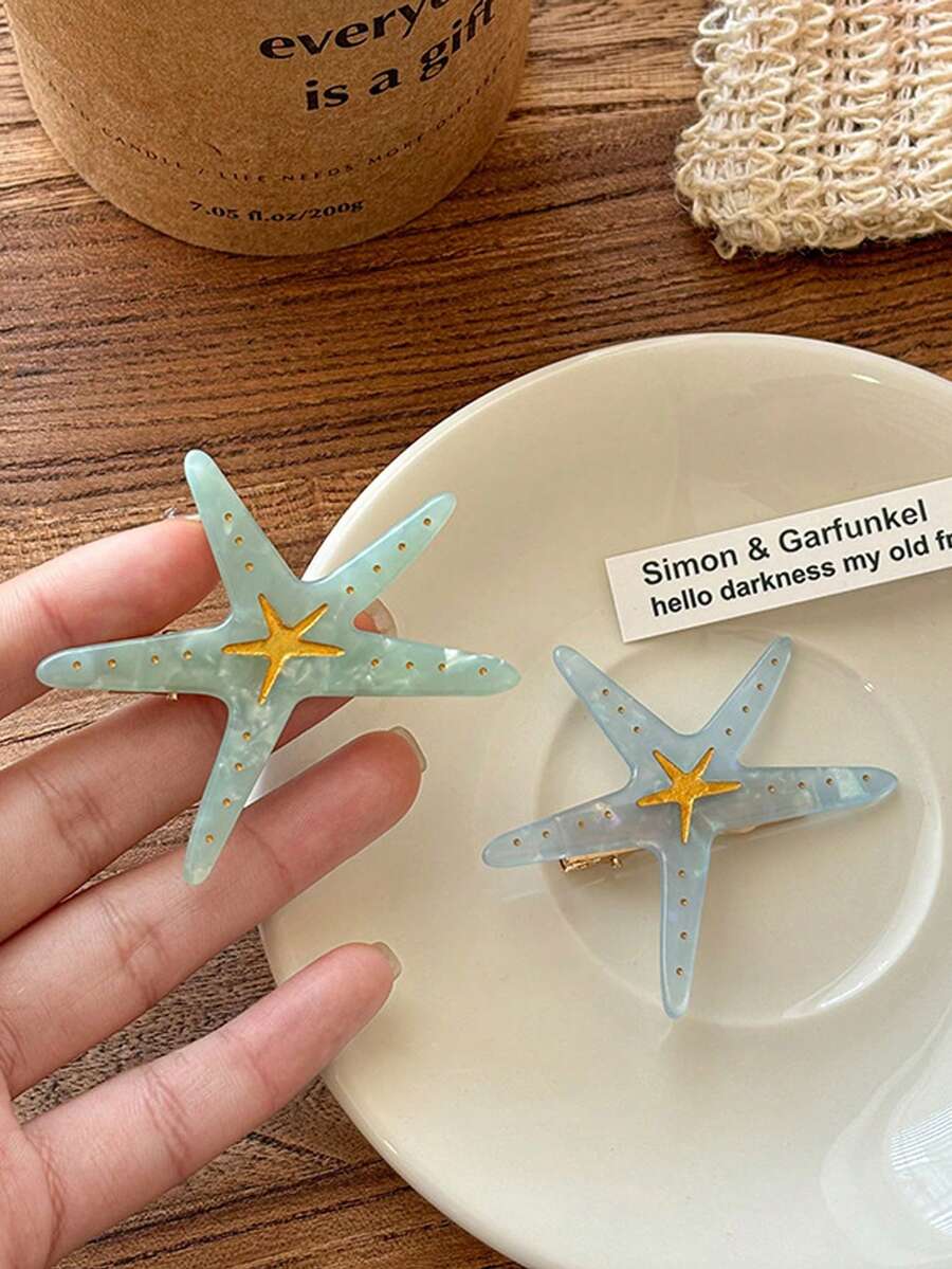 2 件蓝色海星发夹，女士海滩风发饰，刘海/侧发夹，扁平爪夹，发夹，发夹