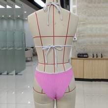 Womens Swimsuits Thong Micro Bikini Ditsy Two Piece Sets Bathing Suit Color Block Bandeau Swim Top - Pink - View 4