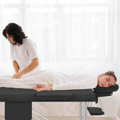 VA-Cerulean Aluminum Folding Massage Table With 3 Sections, Load Capacity 230 Kg, 8.5 Cm Foam Padding, Including Carrying Bag, Head Pillow, And Side Armrests (Black/White/Beige)