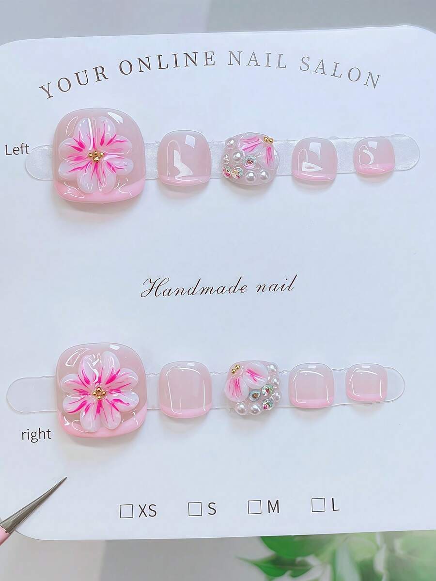 一套10片闪亮方形按压式脚趾甲，粉色手工脚趾甲，多功能手工3D花朵造型，粉色花瓣，粉色法式尖头设计，金色小钢珠装饰，闪亮水钻和白色仿珍珠点缀，优雅性感风格，适合女性宴会脚趾甲，适合女性和女孩，可用于派对、婚礼、日常佩戴，包含工具包。手工按压式指甲。夏季脚趾甲。短脚趾甲。假指甲。美甲用品 美甲用品 指甲 手工按压式指甲 - 彩色 - 查看 1