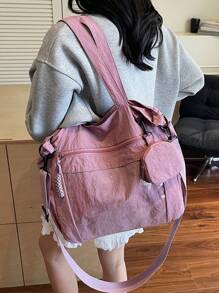 1 pieza Bolso de mujer tipo tote de nylon rosa, simple y ligero, de gran capacidad, bolso de hombro plegable, estilo universitario/escolar, con múltiples bolsillos, bolso de moda lindo con monedero.