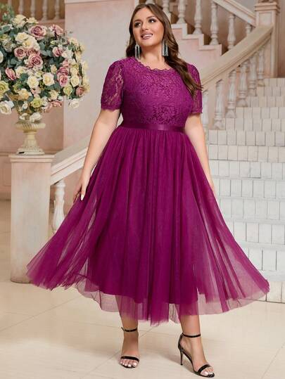 Women's Plus Size Elegant Patchwork Party Dress, Modest Yet Sexy With Mesh And Lace Panels, Zipper Closure, Suitable For Formal Events, Cocktail Parties, Graduations, Homecoming, Prom, Summer/Autumn/Spring