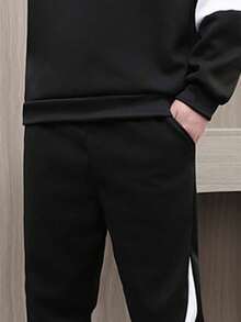 2 件套青少年男童休闲时尚简约舒适柔软撞色圆领连帽衫和运动裤套装，秋季 - 黑色 - 查看 5
