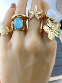 6pcs/Set Baroque Inspired Faux Pearl Flower Ring Set, Vintage Retro Bold Adjustable Cocktail Rings For Women