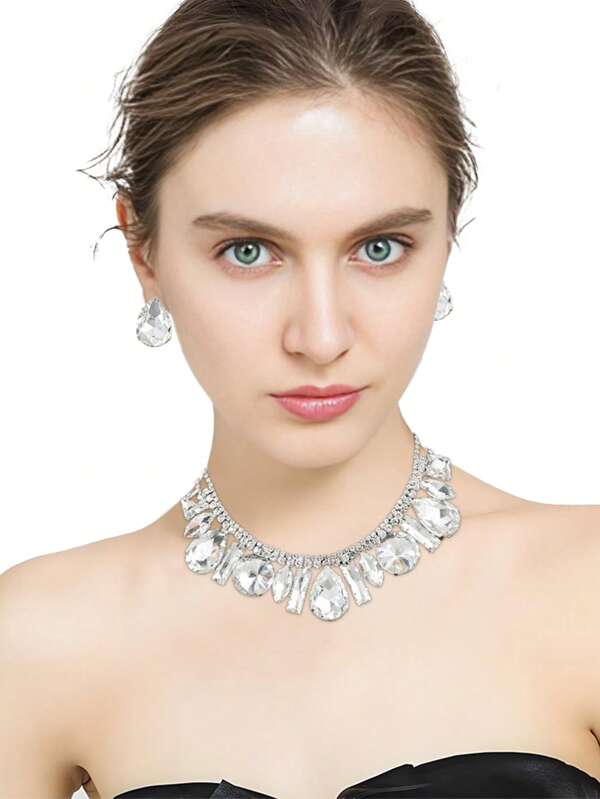 3pcs/Set European & American Style Exaggerated Rhinestone Stud Earrings & Pendant Necklace Set, Teardrop Stud Earrings With Fully Paved Diamonds, Fashionable High-End Women Jewelry Set