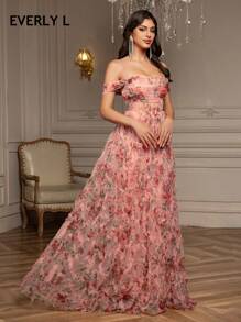 EVERLYL Everly L Women's Tiered Floral Mesh Strapless Backless Off-Shoulder Dress Perfect For Prom And Weddings