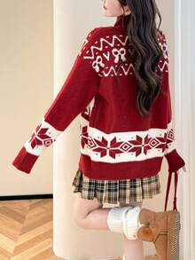 Alicedudu Women's Vintage Geometric Pattern Dropped Shoulder Long Sleeve Casual Knit Cardigan, Suitable For Autumn/Winter Holidays - Red - View 2