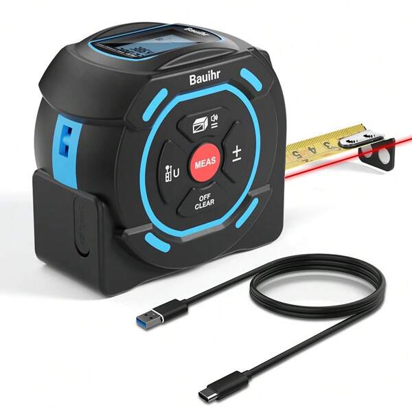 1 Stück 2-in-1 Laser Maßband, Laser Messgerät 40m, flexibles Messgerät 5m, Fähig zum Messen von Pythagoras, Distanz, Fläche und Volumen, USB-C Aufladung und Farbdisplay, hohe Genauigkeit ± 2mm, IP54