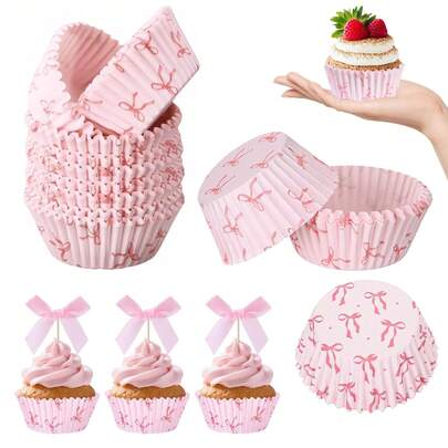 330 件粉色蝴蝶结纸杯蛋糕衬垫、蝴蝶结纸杯蛋糕衬垫烘焙杯、蝴蝶结丝带蛋糕装饰、生日蛋糕装饰，适合单身派对、新娘送礼会、生日婚礼派对用品