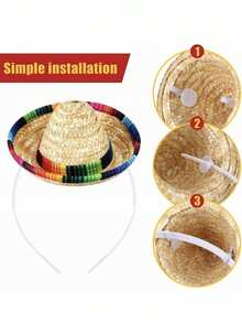 1/2/3件装派对及节日墨西哥草帽头箍，可爱迷你草帽家庭节日头饰，几何图案涤纶纤维头箍，适合庆祝活动和送礼，女士发箍 - 彩色 - 查看 4