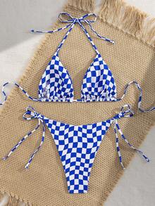 Women's Sexy Houndstooth Print Bikini Set With Tie Side Bottoms, High Stretch2 Piecese Swimsuit, Suitable For Bohemian Beach Wear - Multicolor - View 3