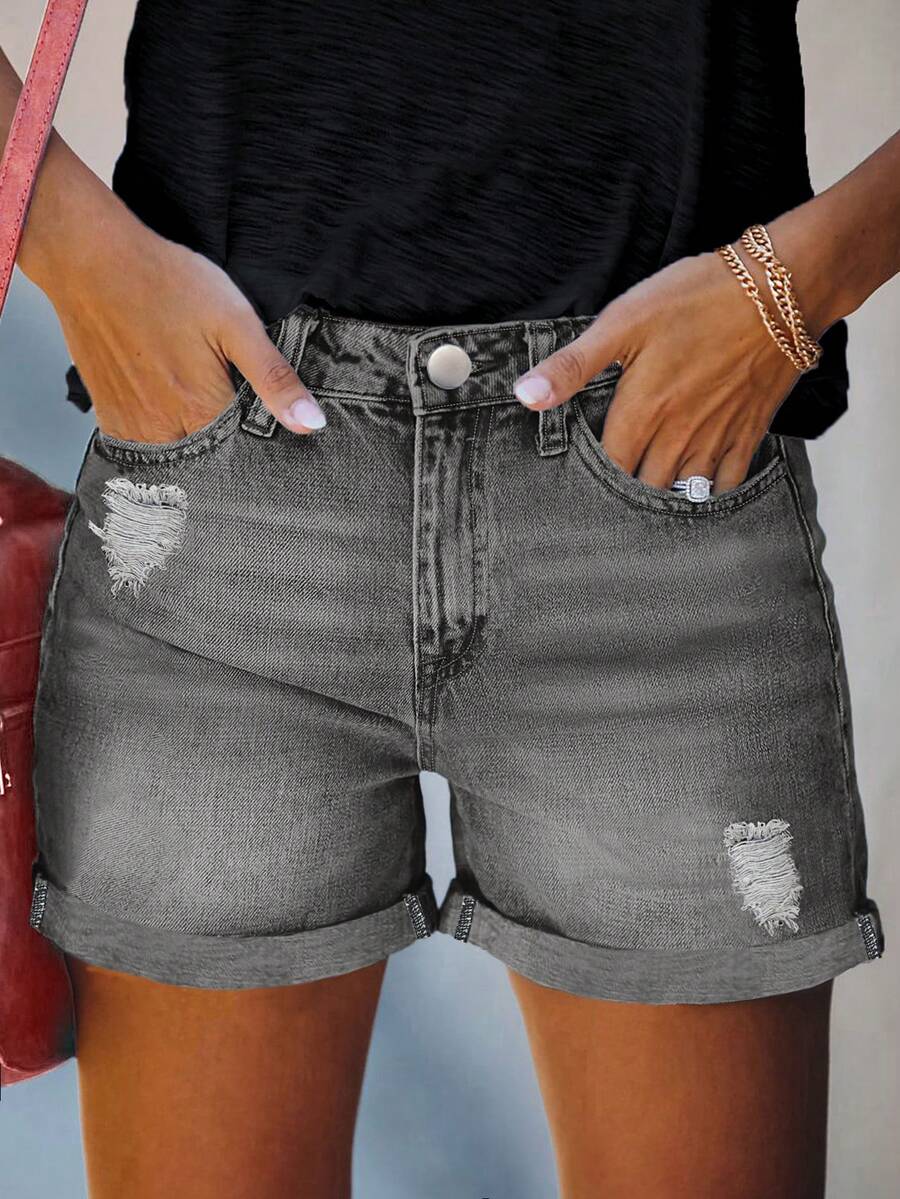 Shorts vaqueros anchos y sueltos de estilo casual y urbano, moda para el verano - Gris Claro - Ver 1