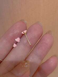 3只装925纯银粉色心形耳环，女士耳环，18K镀金，适合派对、情人节等场合，精致首饰 - 金色 - 查看 4