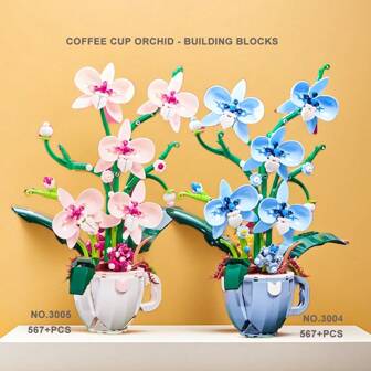 567+Pcs Coffee Cup + Orchid DIY Assembly Building Blocks, Pink & Blue Colors Available, Gift Box Packaging Suitable For Home, Office, Shop, Cafe Decor